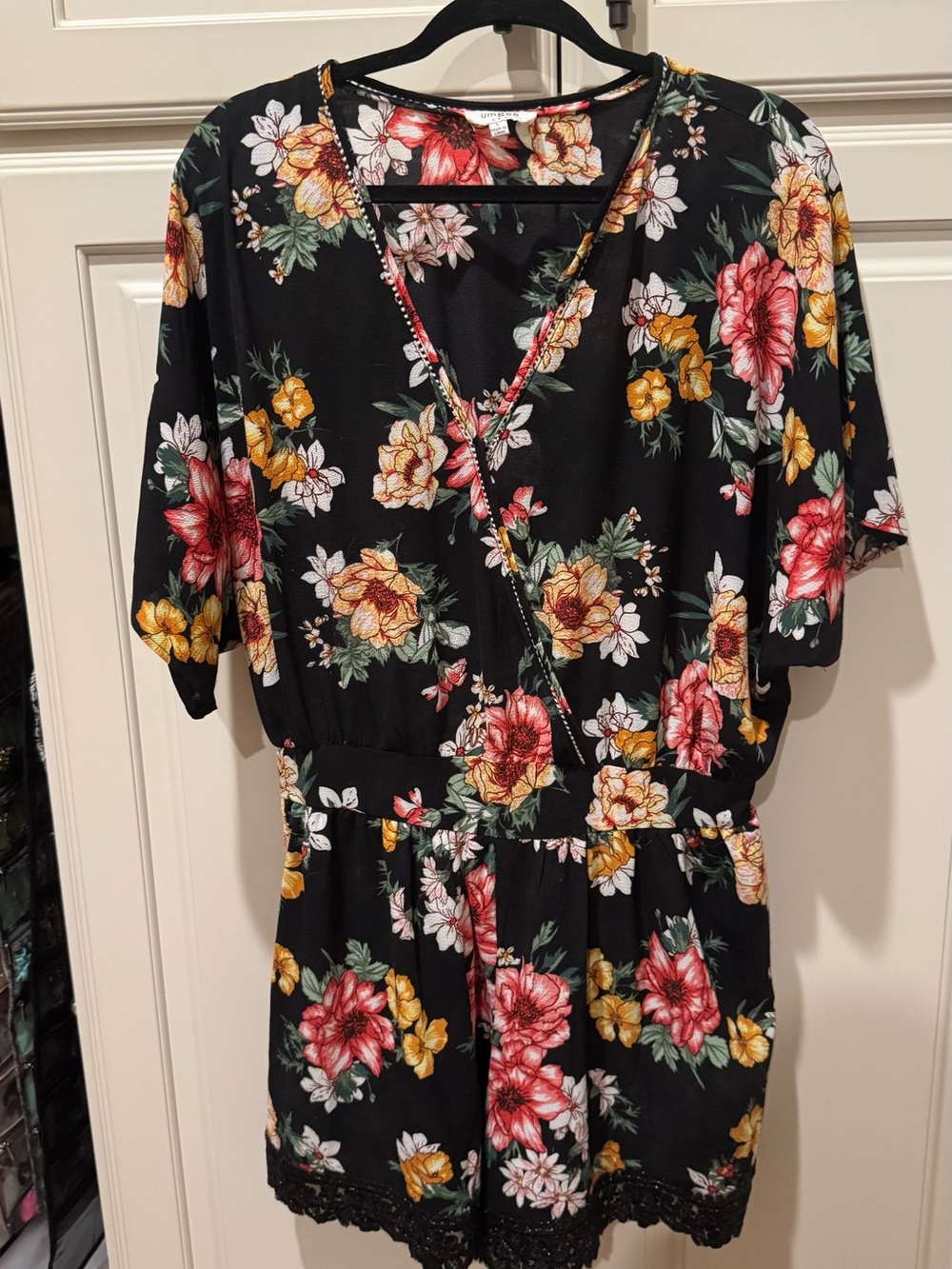 Umgee Black Floral Romper with Red and Yellow Blooms